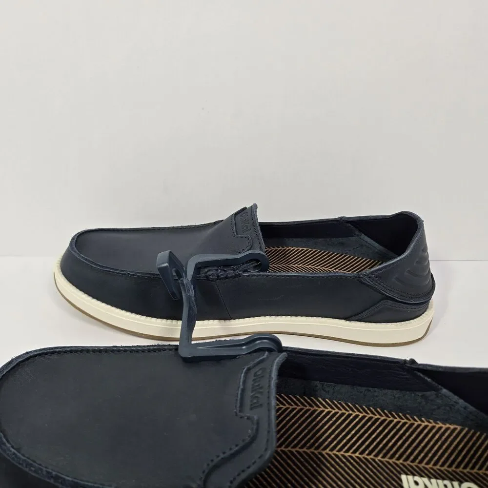 $140 Olukai Kākaha Nia Mens 11.5 Leather Slip On Shoes Loafer Casual Indigo Blue